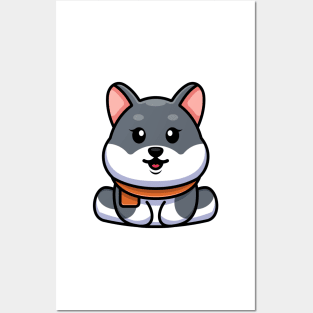 Cute baby husky dog sitting cartoon illustration Posters and Art